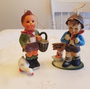 Set of 2 Vintage Boy with Duck Basket Boy Biking  Hanging Ornaments